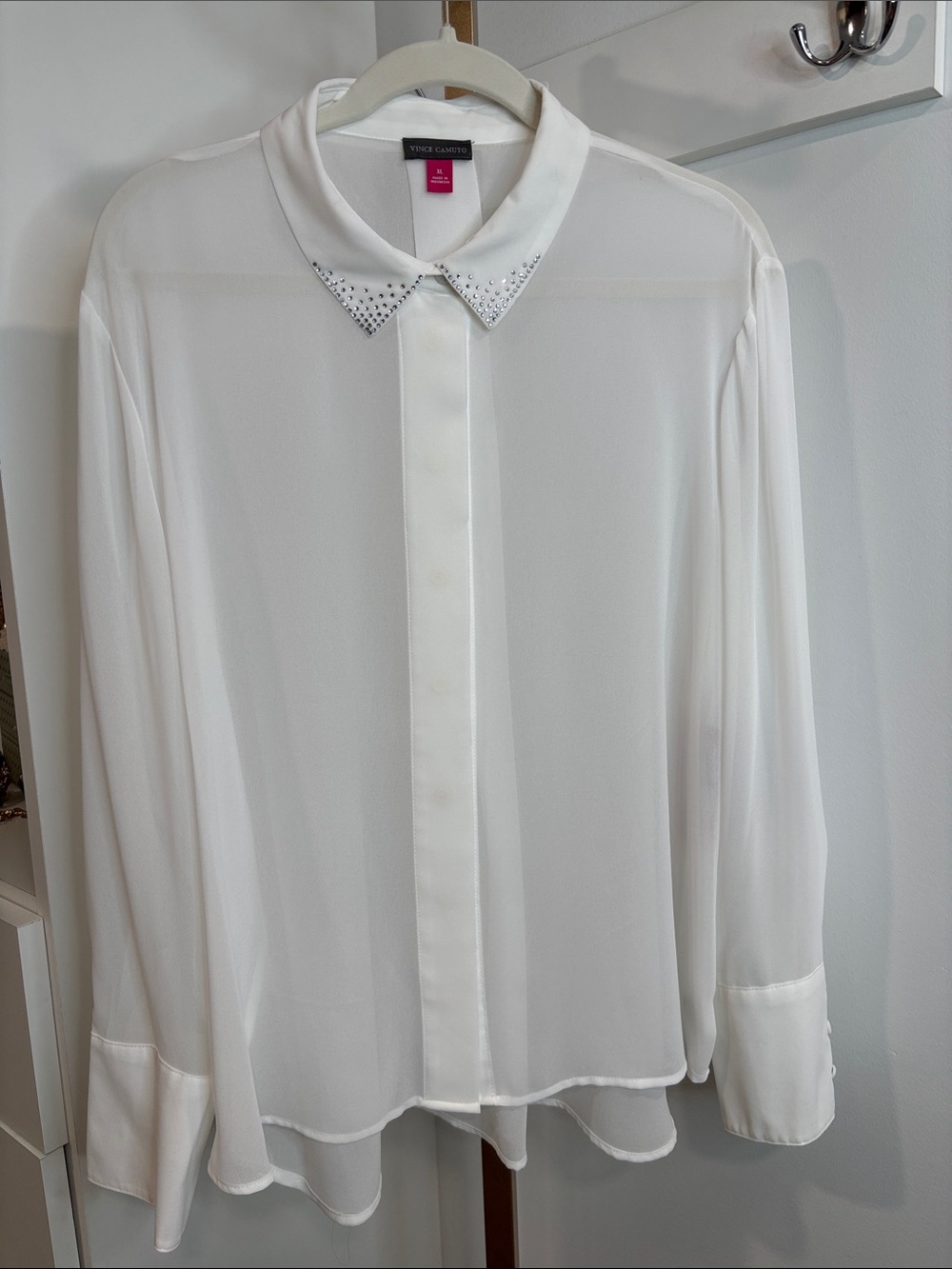 Vince Camuto White Button-Front Blouse with Crystal Collar